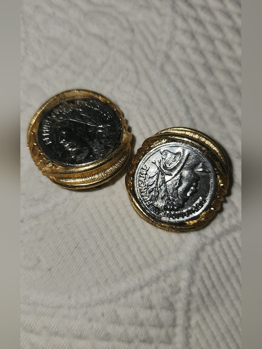 Vintage Coin-Style Gold Tone Clip-On Earrings — Silver & Gold